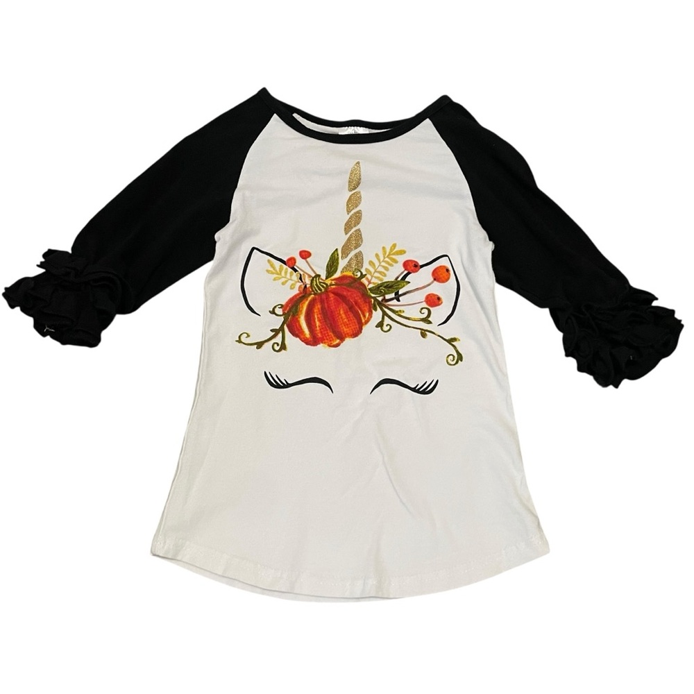 Girls Unicorn Pumpkin Raglan Shirt with Black Ruffle Sleeve Size XL